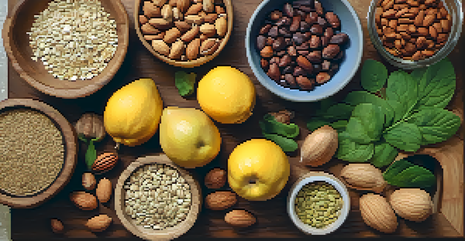 A close-up of raw vegan ingredients like nuts, seeds, and fruits on a wooden cutting board, illuminated by warm lighting.