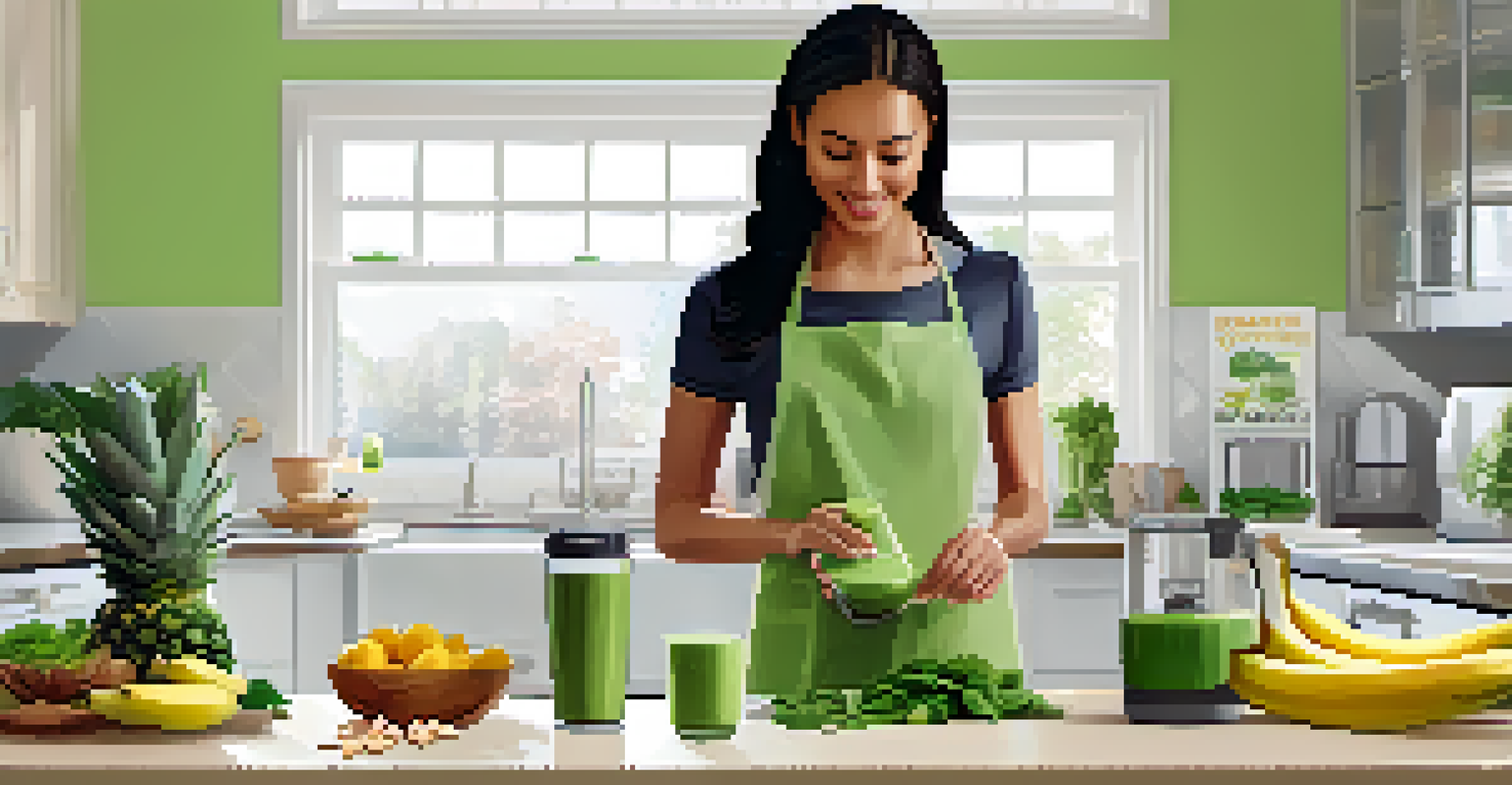 A woman blending a green smoothie in a modern kitchen filled with fresh ingredients.