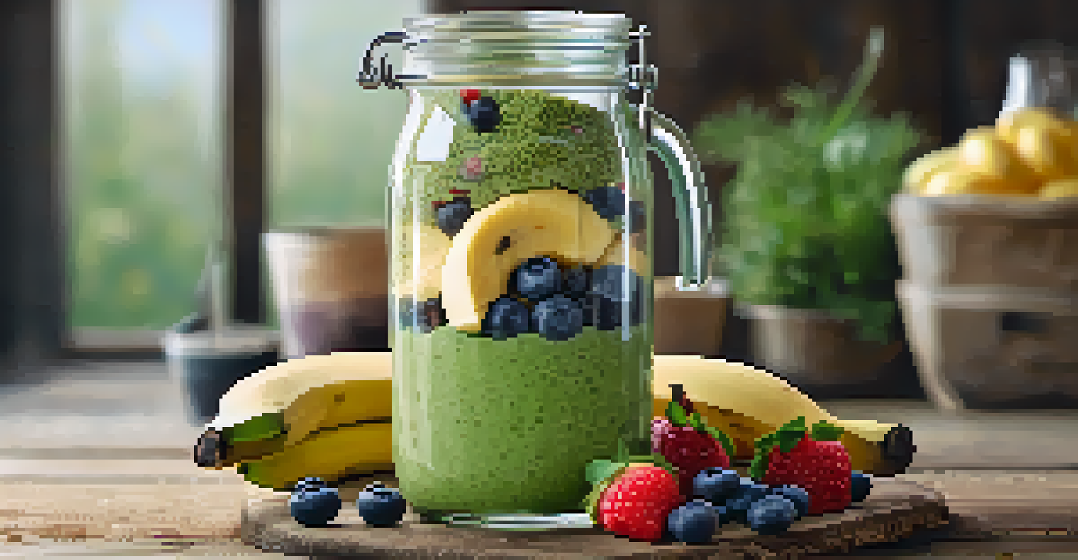 A close-up of a vibrant green smoothie in a glass jar topped with fresh fruit slices and chia seeds, set on a rustic wooden surface.