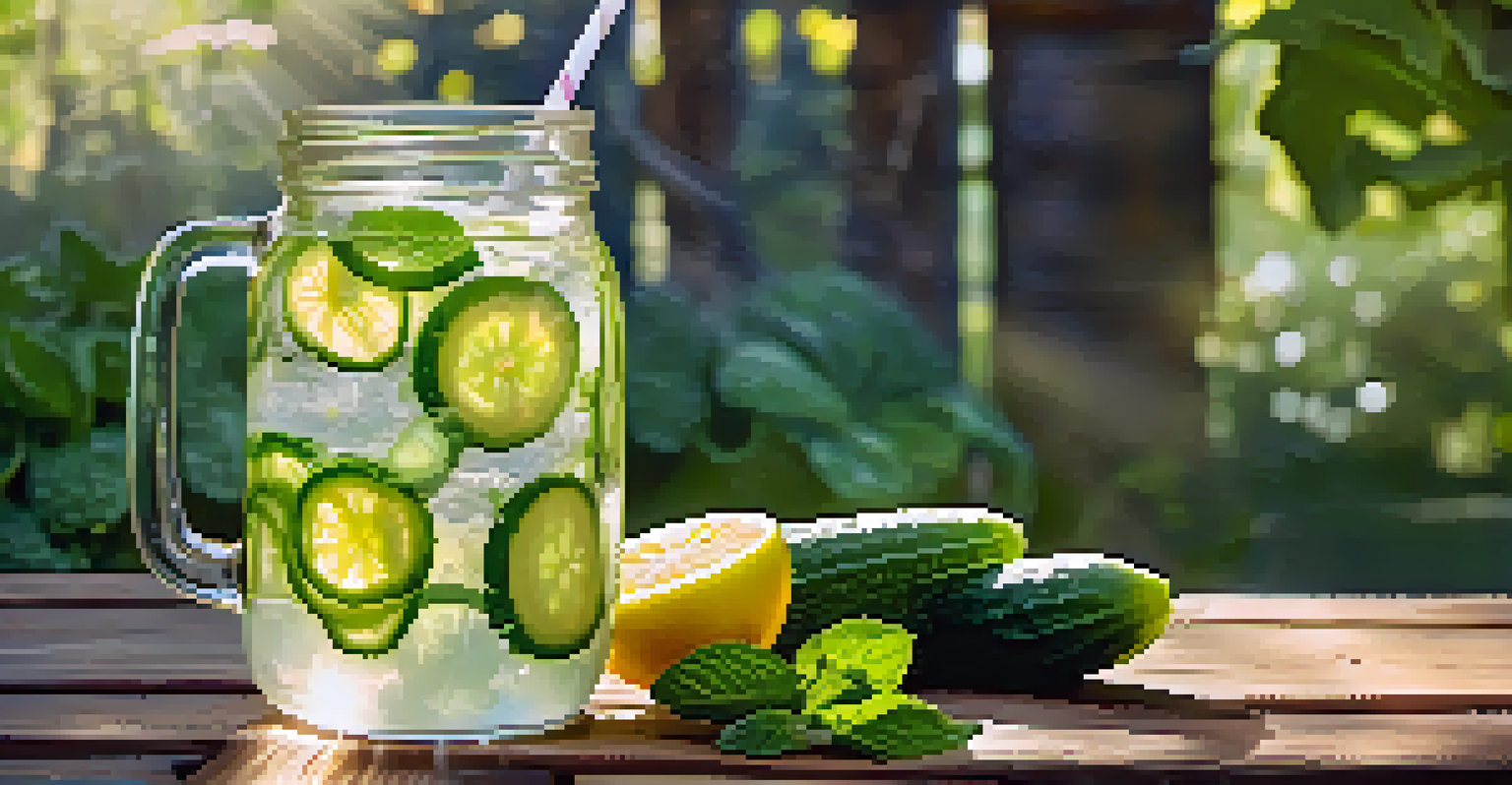 A glass of infused water with cucumber, lemon, and mint on a wooden table, set against a tranquil garden background.