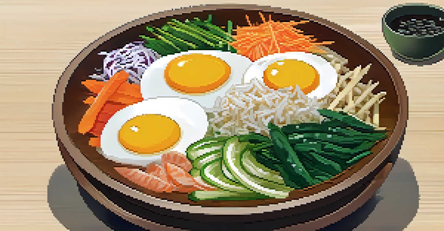 A bowl of bibimbap with colorful raw vegetables and an egg yolk, placed on a wooden table with chopsticks and side dishes.