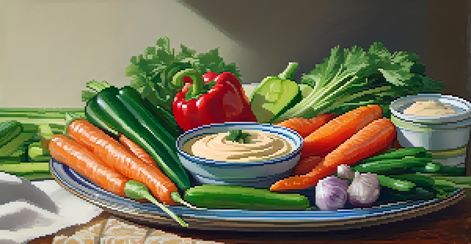 A platter of colorful raw vegetables with a bowl of hummus in the center, set in a bright and inviting atmosphere.
