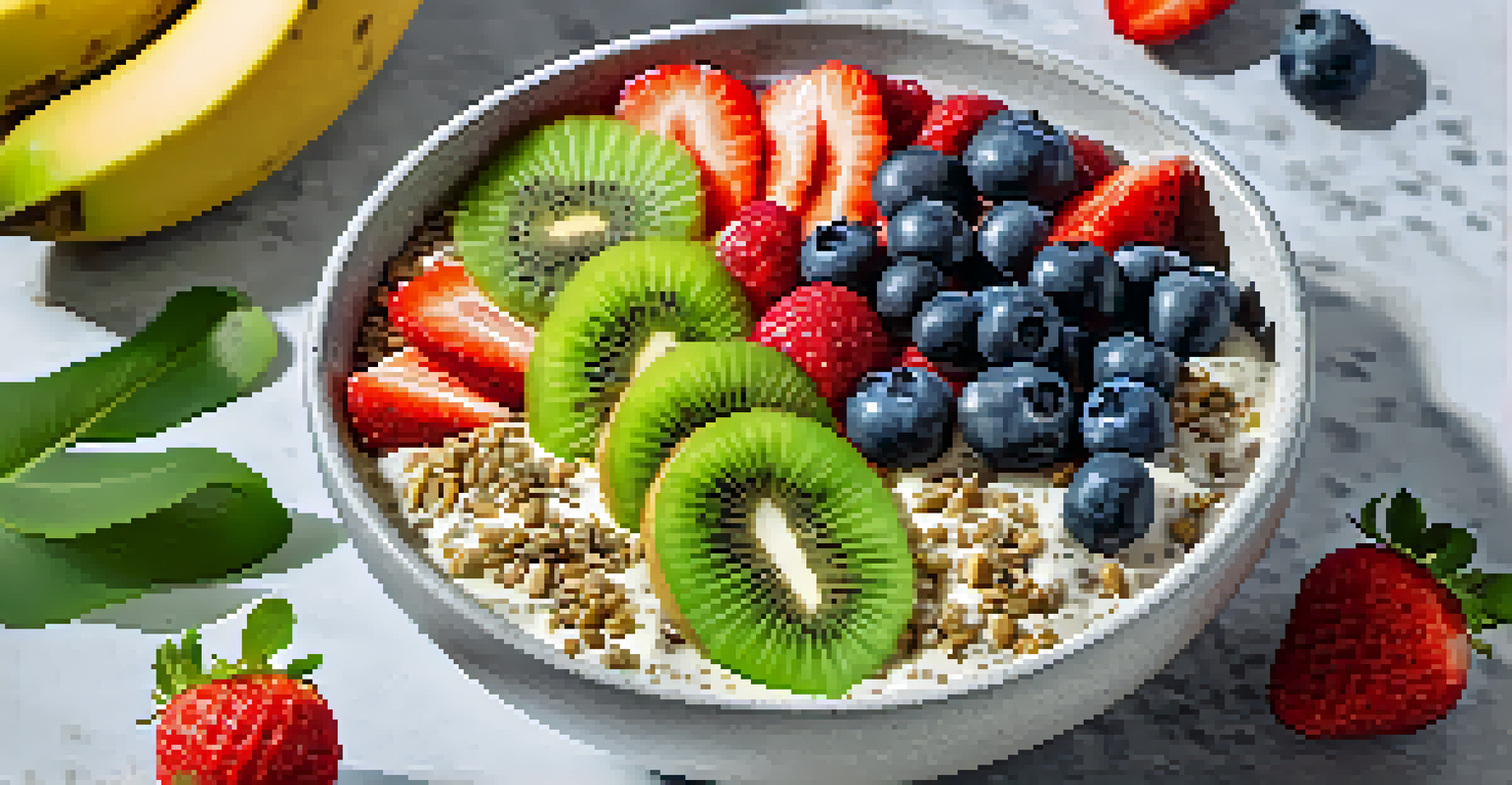 A smoothie bowl topped with sliced fruits and chia seeds on a marble countertop, with whole fruits in the background.