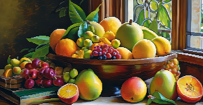 A wooden bowl filled with a colorful variety of fresh raw fruits including mangoes, pomegranates, bananas, and citrus fruits with green leaves, illuminated by soft natural light.