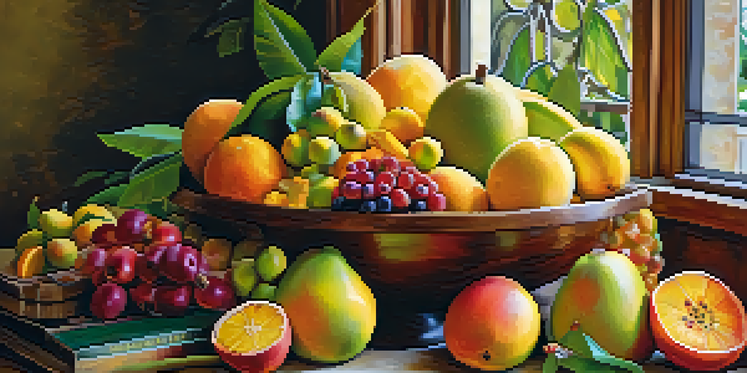 A wooden bowl filled with a colorful variety of fresh raw fruits including mangoes, pomegranates, bananas, and citrus fruits with green leaves, illuminated by soft natural light.