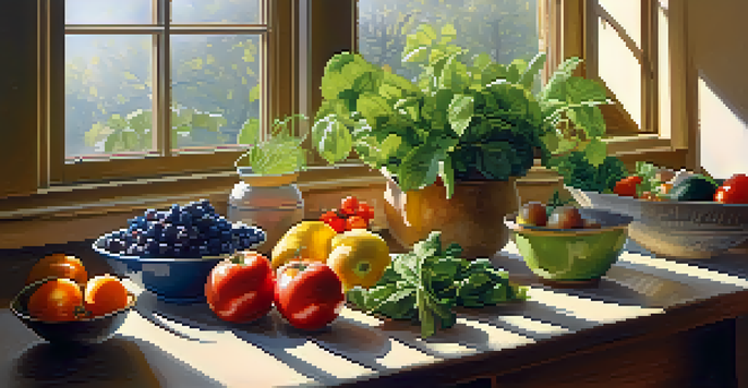 A bright kitchen with a wooden table showcasing a colorful salad bowl filled with fresh fruits and vegetables, illuminated by natural sunlight.