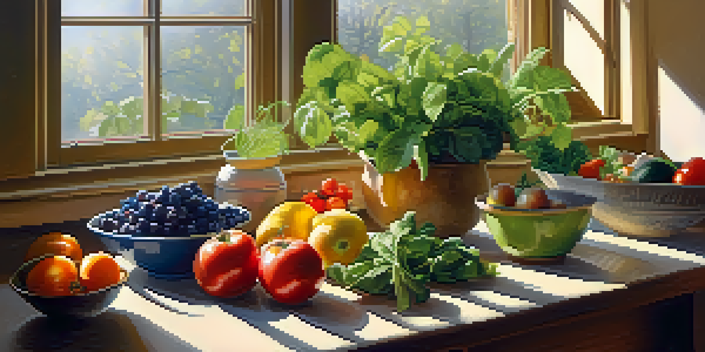 A bright kitchen with a wooden table showcasing a colorful salad bowl filled with fresh fruits and vegetables, illuminated by natural sunlight.