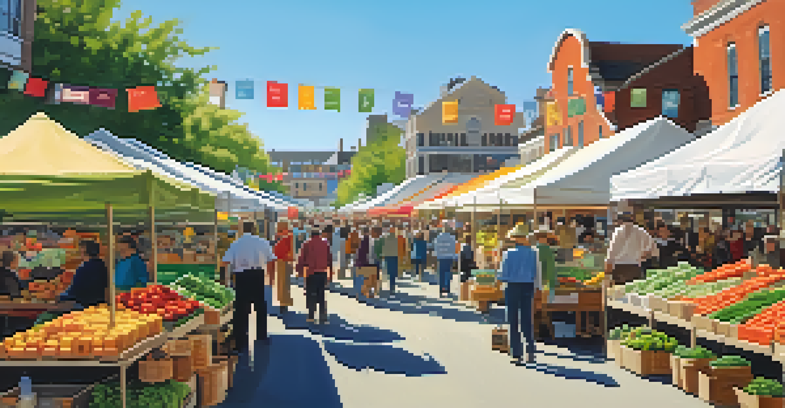 A lively farmer's market filled with stalls of organic produce, jars of honey, and shoppers under a blue sky.