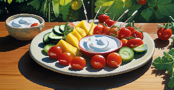 A bright and colorful display of fruit and veggie skewers on a wooden table with a yogurt dip, surrounded by a lush garden.