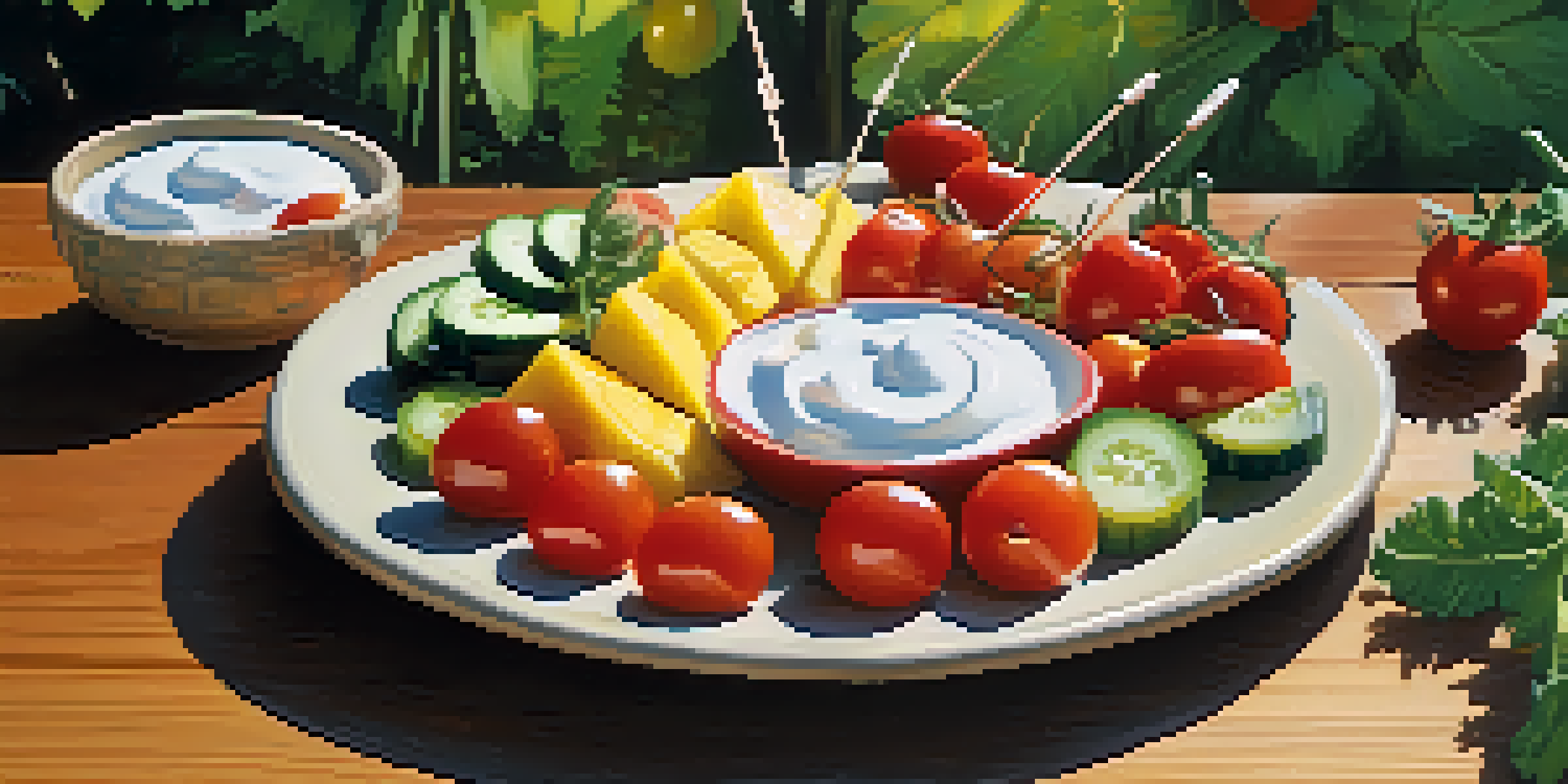 A bright and colorful display of fruit and veggie skewers on a wooden table with a yogurt dip, surrounded by a lush garden.