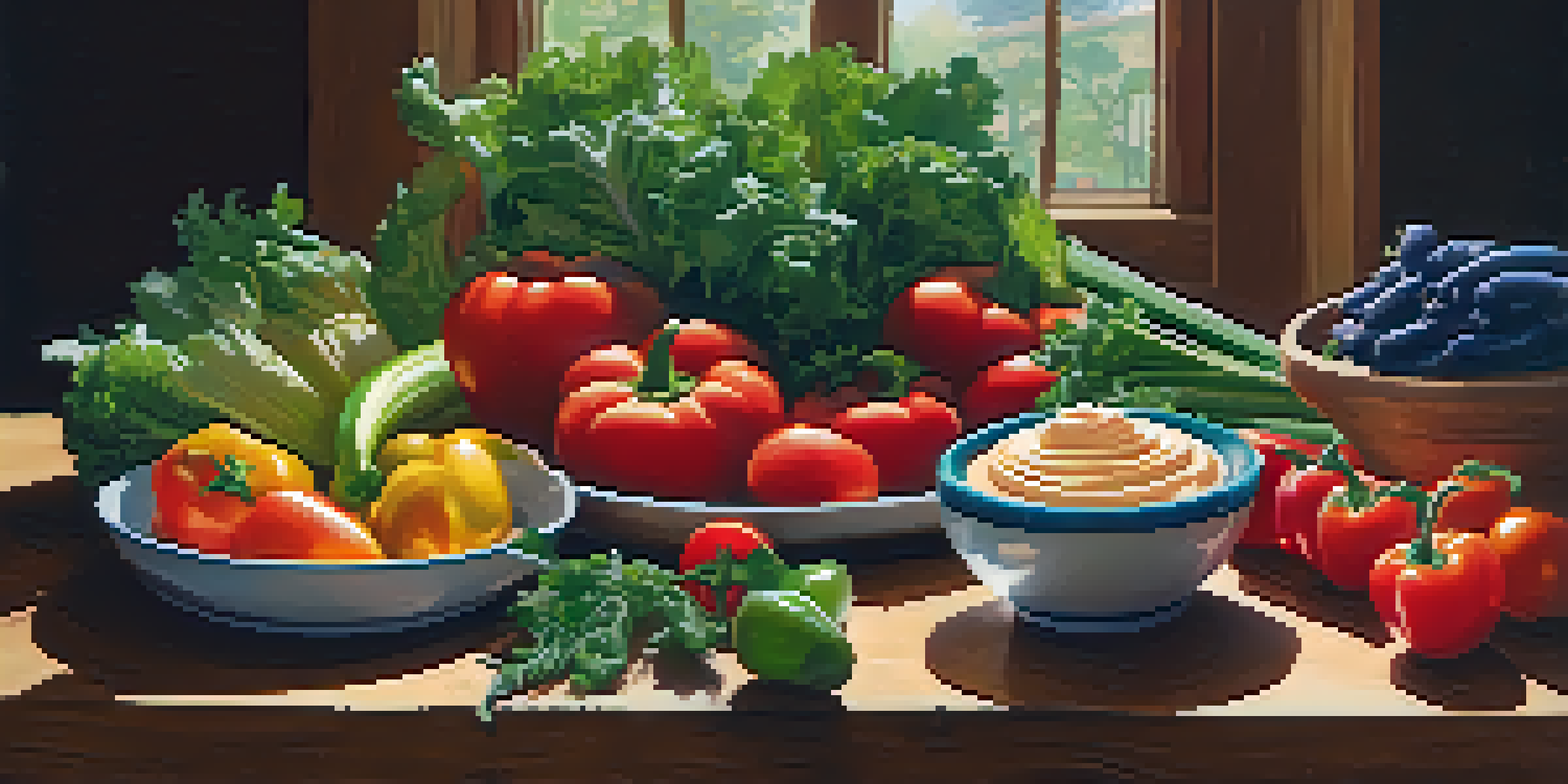 A colorful arrangement of fresh fruits and vegetables on a wooden table, with a bowl of hummus and raw nuts, illuminated by natural sunlight.