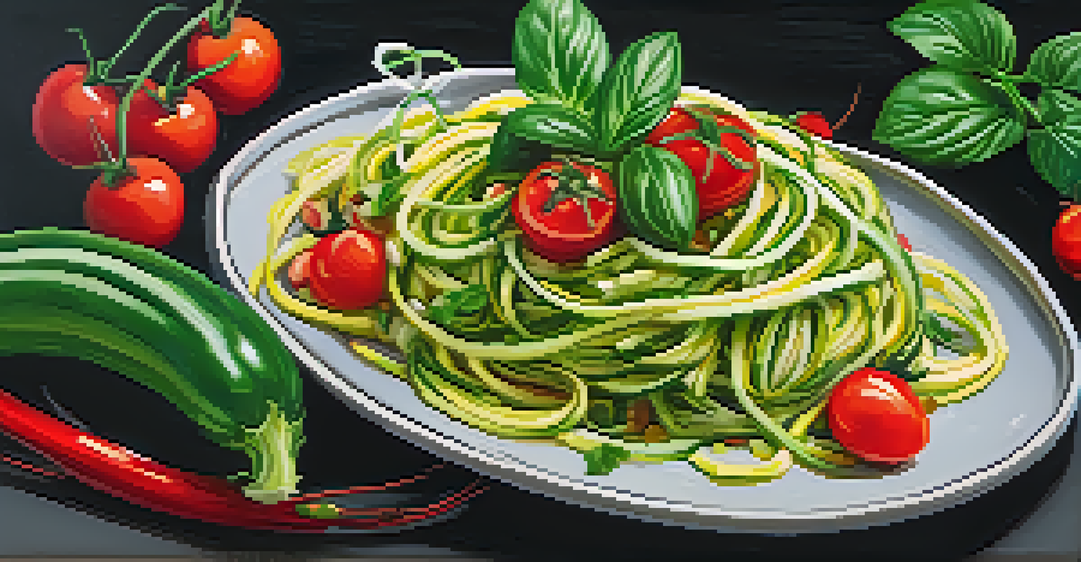 A close-up of zoodles with raw marinara sauce and fresh basil on a dark background.
