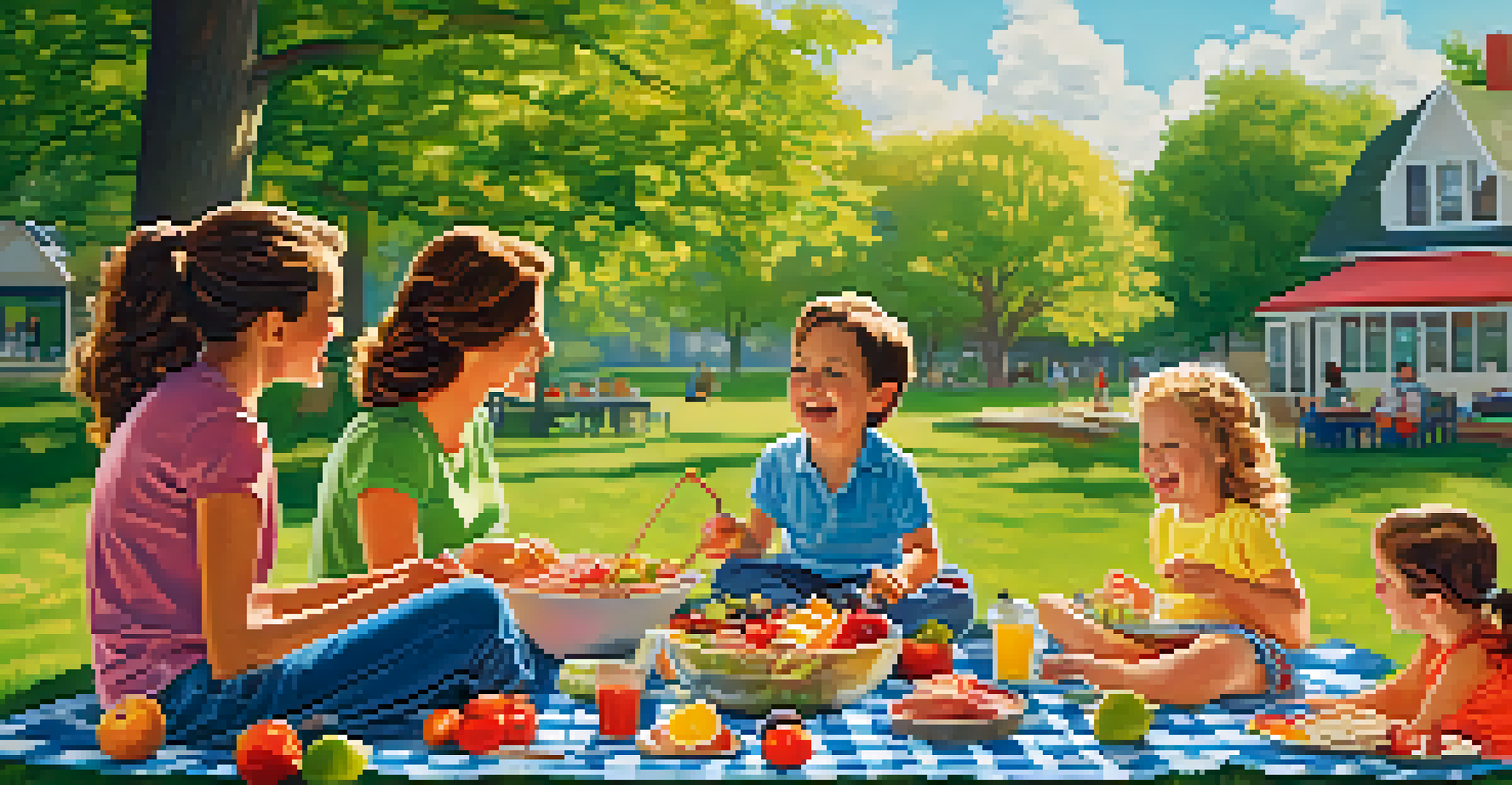 A family having a picnic in the park with children playing and adults serving colorful raw food dishes on a checkered blanket.