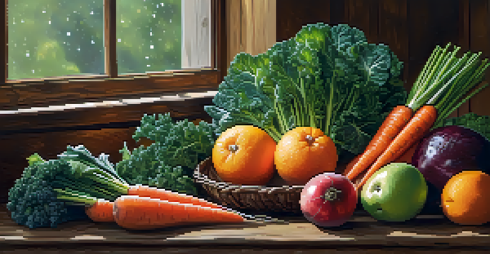 A colorful display of seasonal raw fruits and vegetables on a wooden table, showcasing oranges, kale, and carrots under soft natural light.