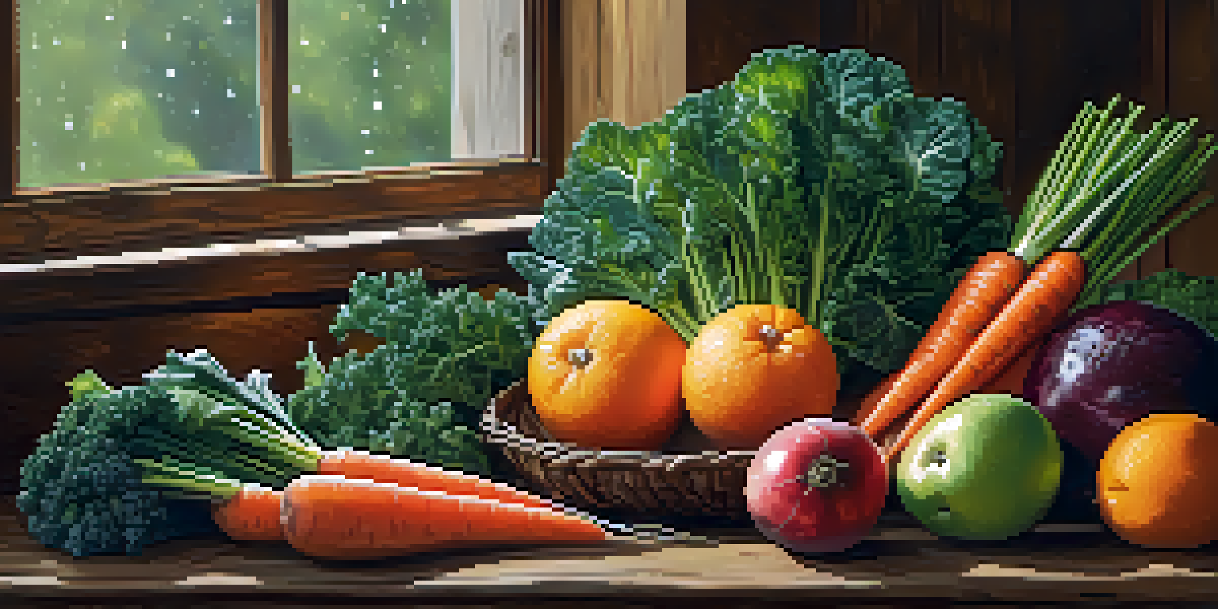A colorful display of seasonal raw fruits and vegetables on a wooden table, showcasing oranges, kale, and carrots under soft natural light.