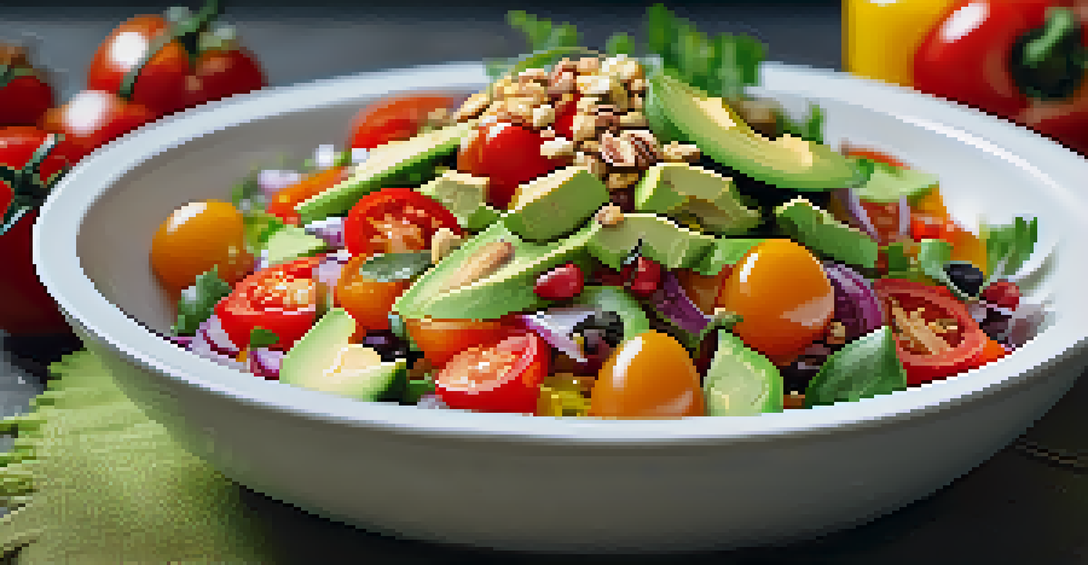 A colorful raw food salad with various vegetables and nuts in a bowl, illuminated by natural light.