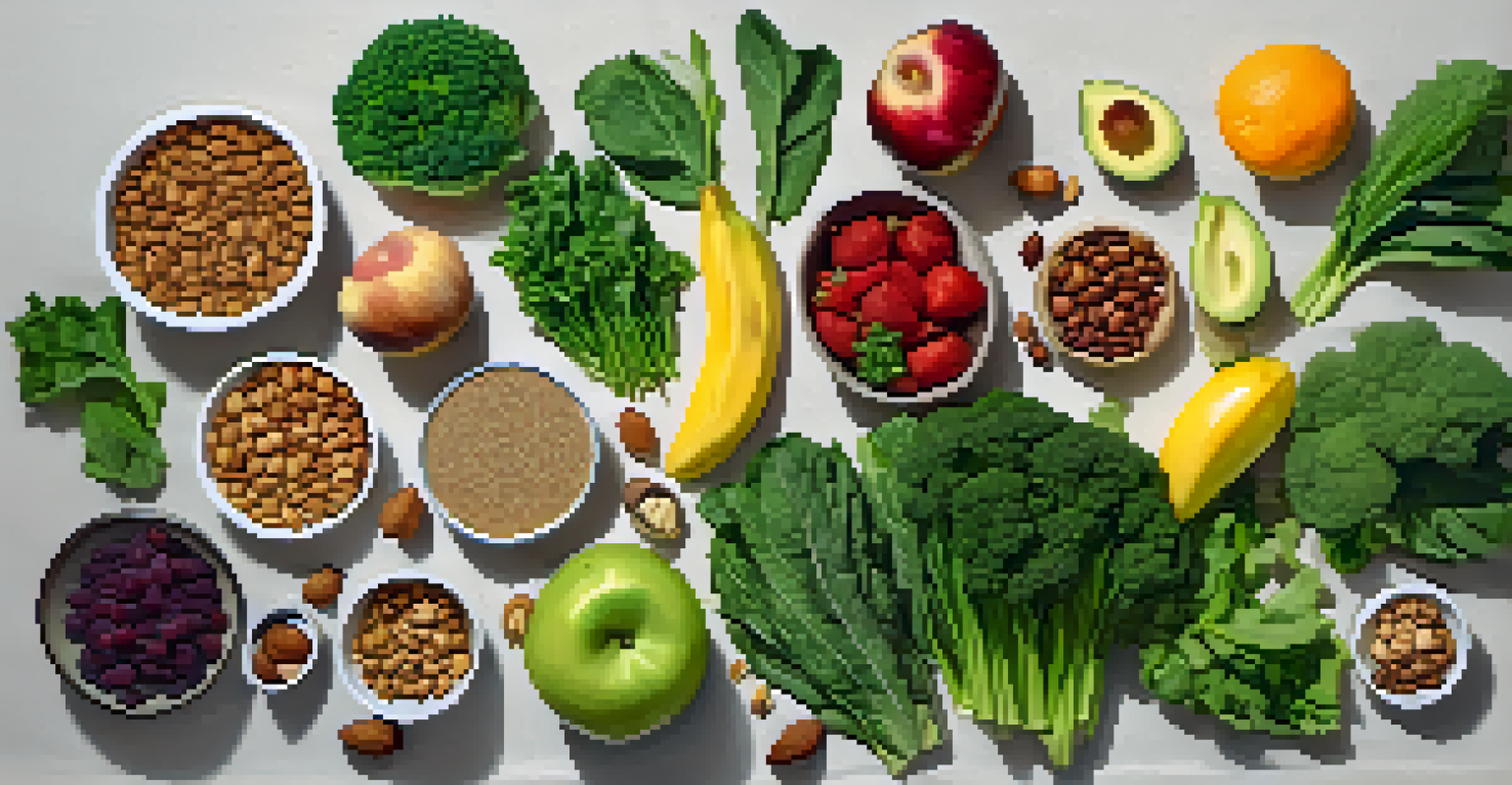 A flat lay of raw vegan ingredients like leafy greens, fruits, and nuts arranged in a circular pattern on a light fabric.