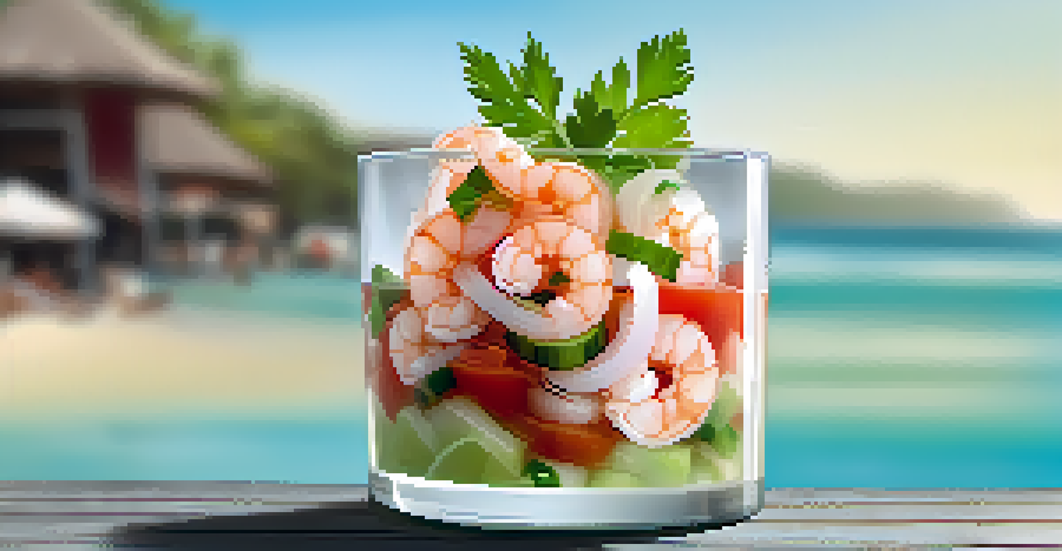 A detailed view of ceviche in a glass with shrimp, tomatoes, and cilantro, garnished with lime on a beach background.