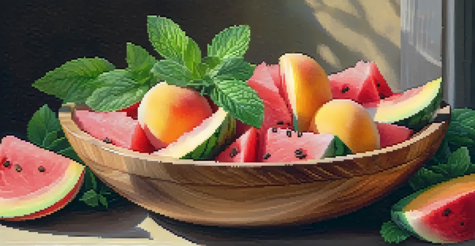 A colorful summer salad with watermelon and peaches in a wooden bowl, garnished with mint leaves under soft sunlight.