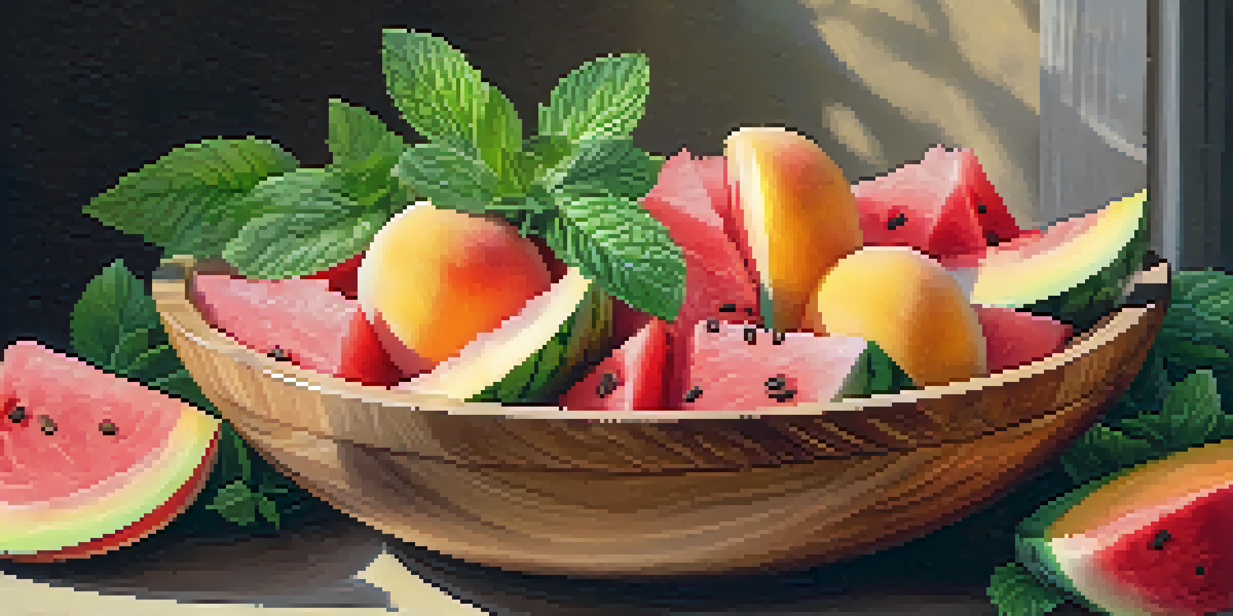 A colorful summer salad with watermelon and peaches in a wooden bowl, garnished with mint leaves under soft sunlight.