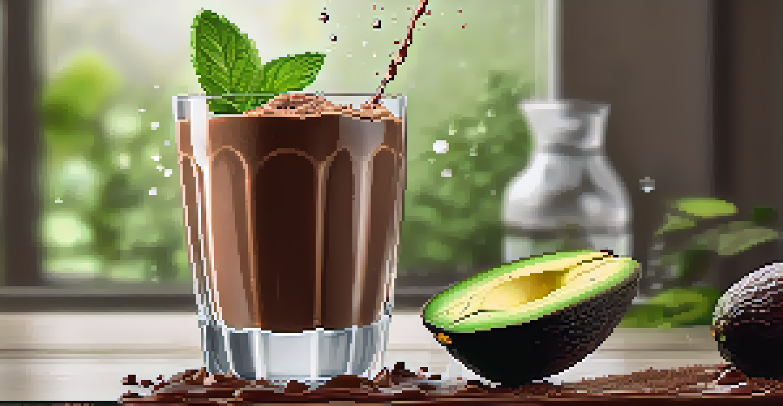 Close-up of a cocoa and avocado smoothie being poured into a glass, with mint leaves and cocoa powder around it.