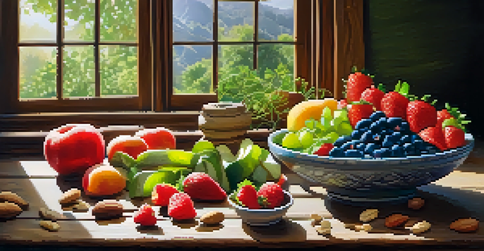 A colorful array of raw fruits and vegetables arranged on a wooden table, with sunlight filtering through a window.