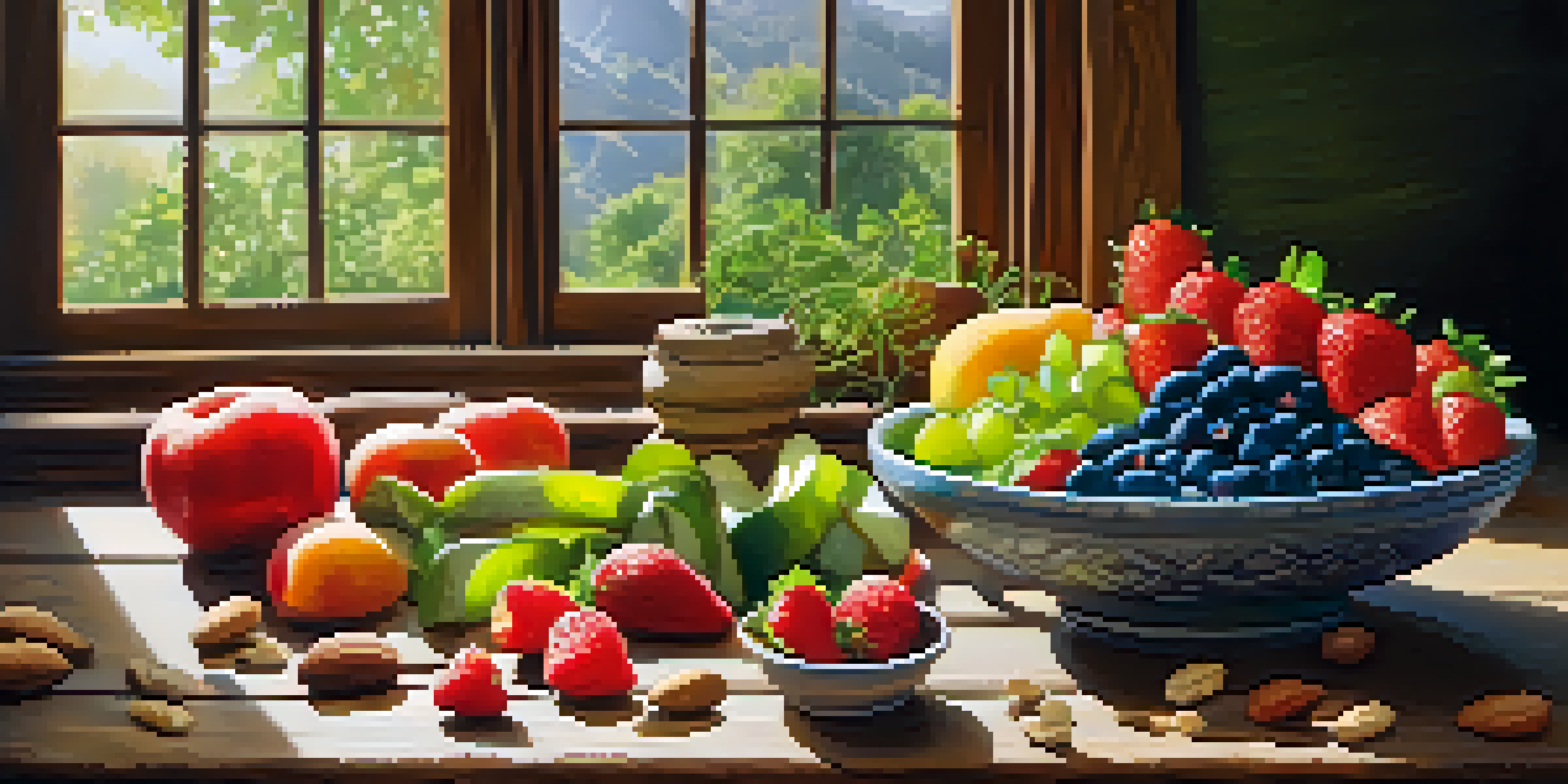 A colorful array of raw fruits and vegetables arranged on a wooden table, with sunlight filtering through a window.