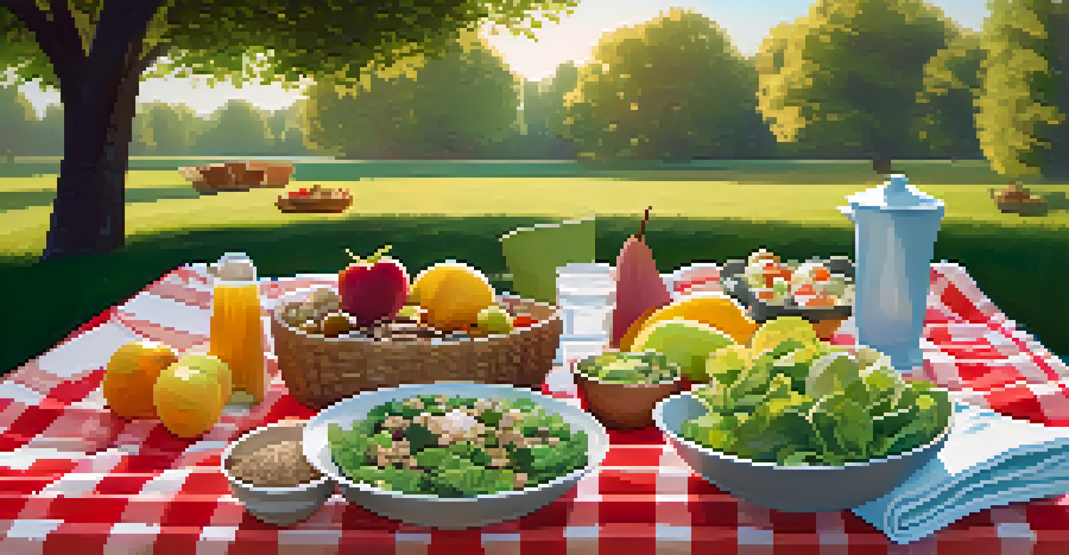 An outdoor picnic scene with a variety of raw salads, fresh fruits, and energy balls on a colorful blanket.