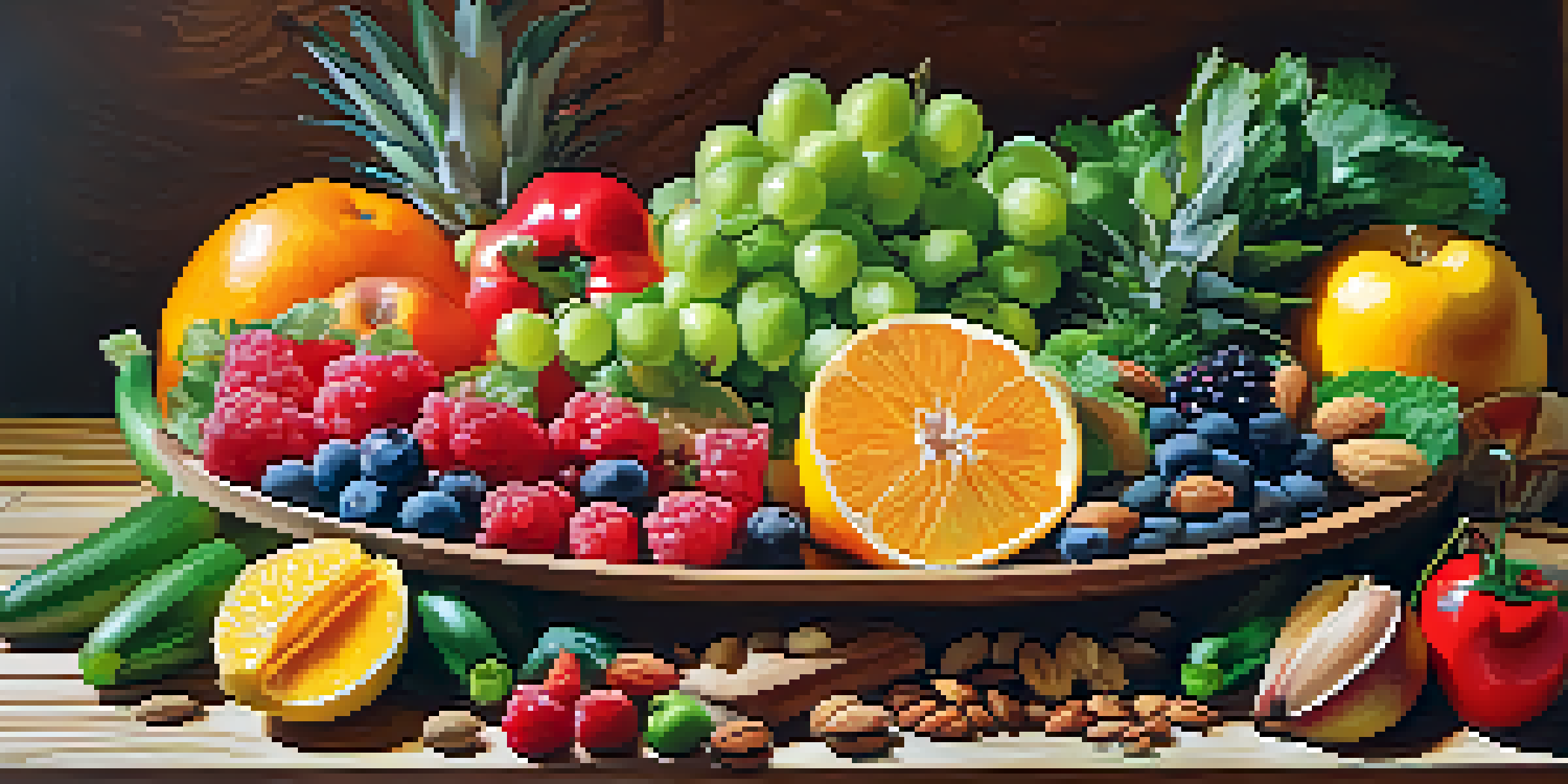 A colorful raw food platter with various fruits, vegetables, nuts, and seeds arranged on a wooden table, enhanced by natural lighting.