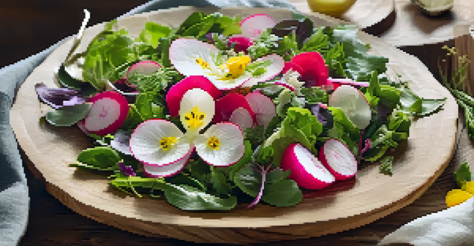 A colorful spring salad with leafy greens, radishes, and edible flowers in a wooden bowl, set in a sunny kitchen.