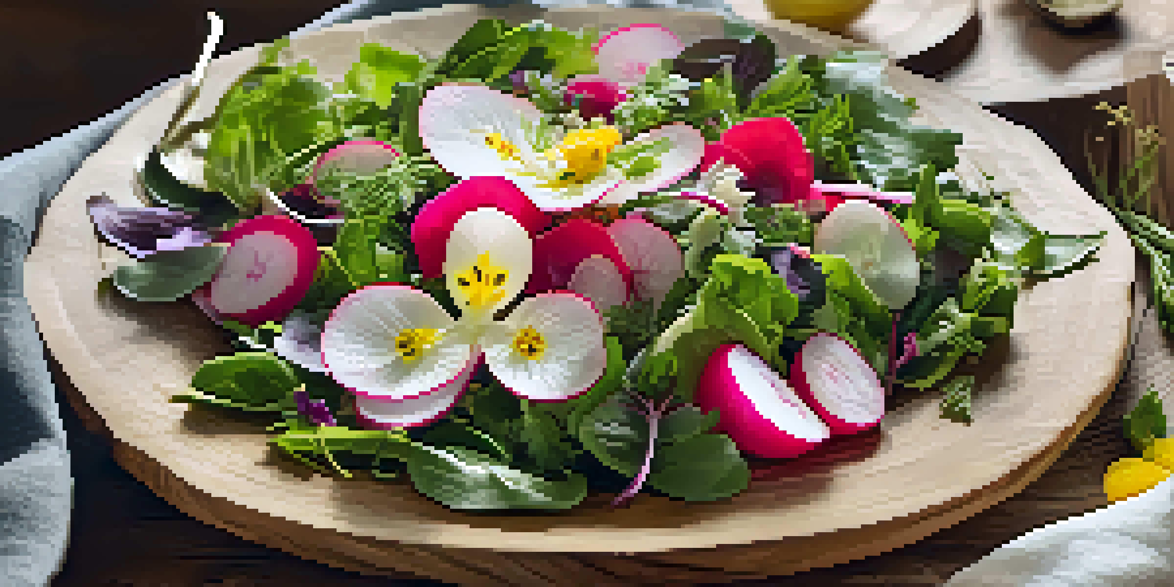 A colorful spring salad with leafy greens, radishes, and edible flowers in a wooden bowl, set in a sunny kitchen.