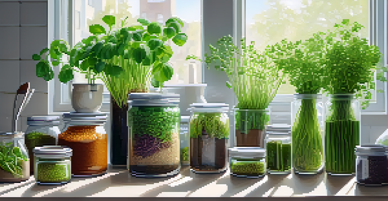 A bright kitchen countertop with jars of lentil and pea shoot sprouts, along with a potted herb plant, illuminated by natural light.