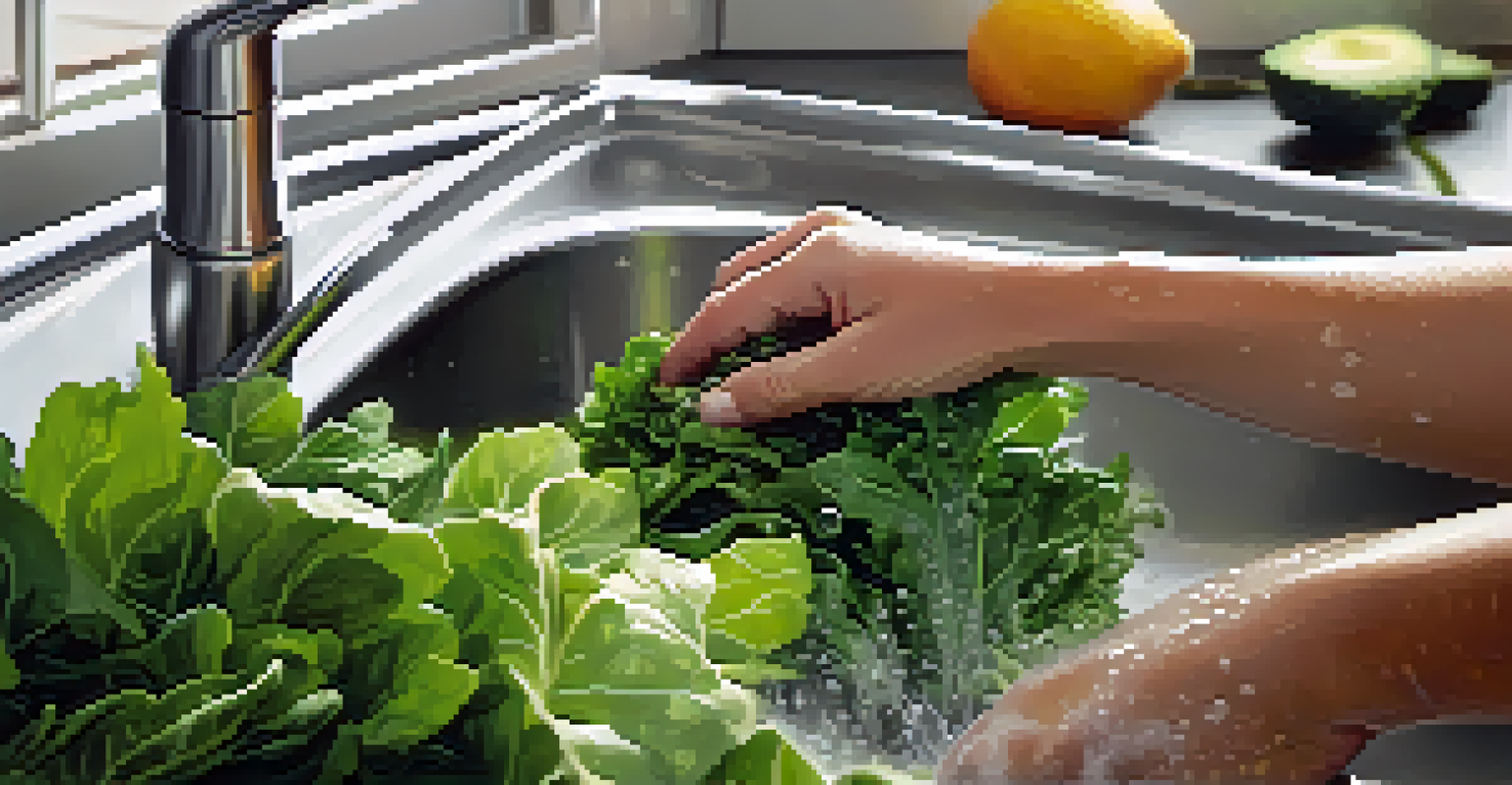 Hands washing fresh leafy greens under running water in a clean kitchen sink.