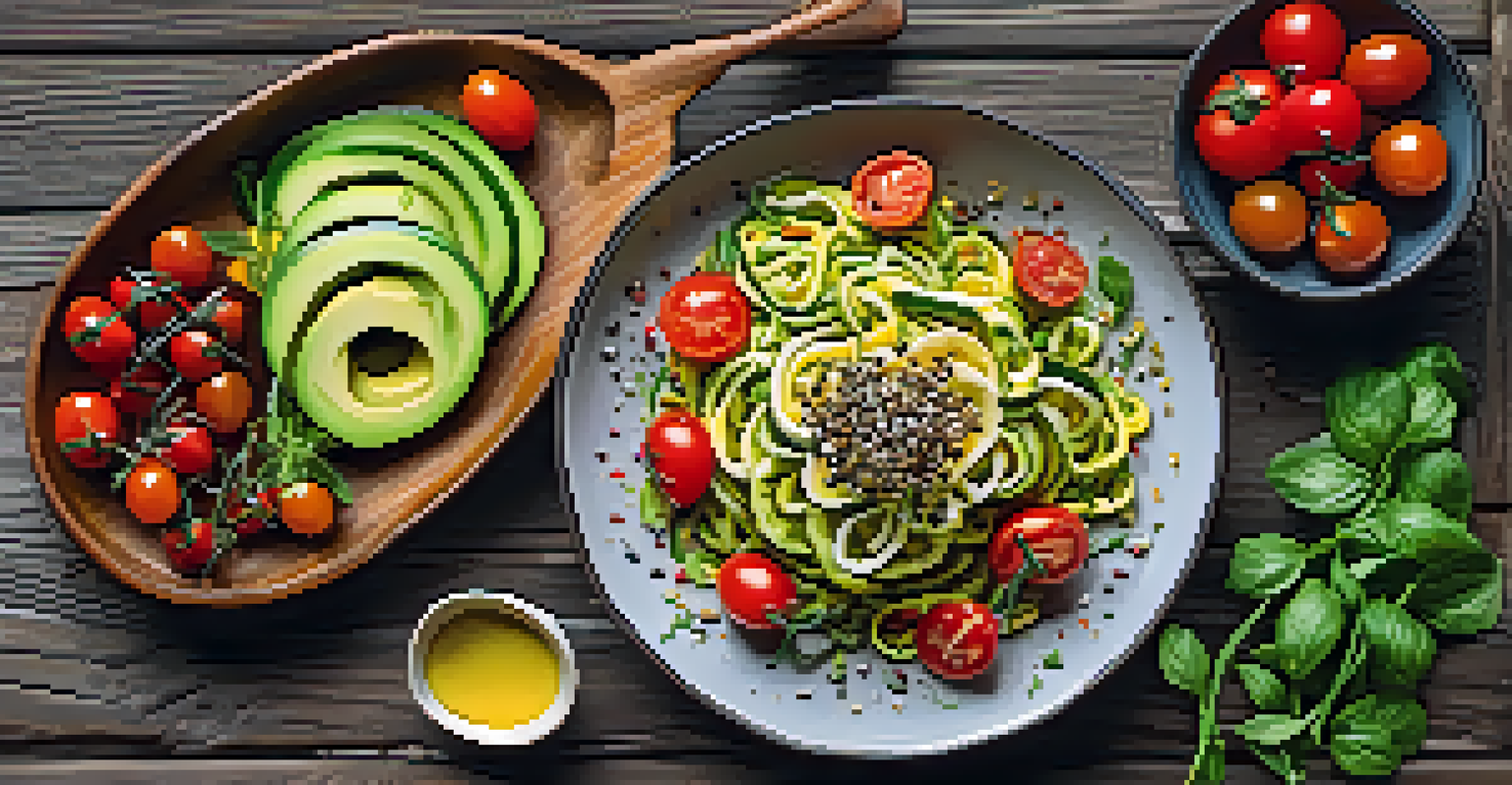 A plate of raw zucchini noodles with tomatoes and avocado, surrounded by bowls of dips on a wooden table.