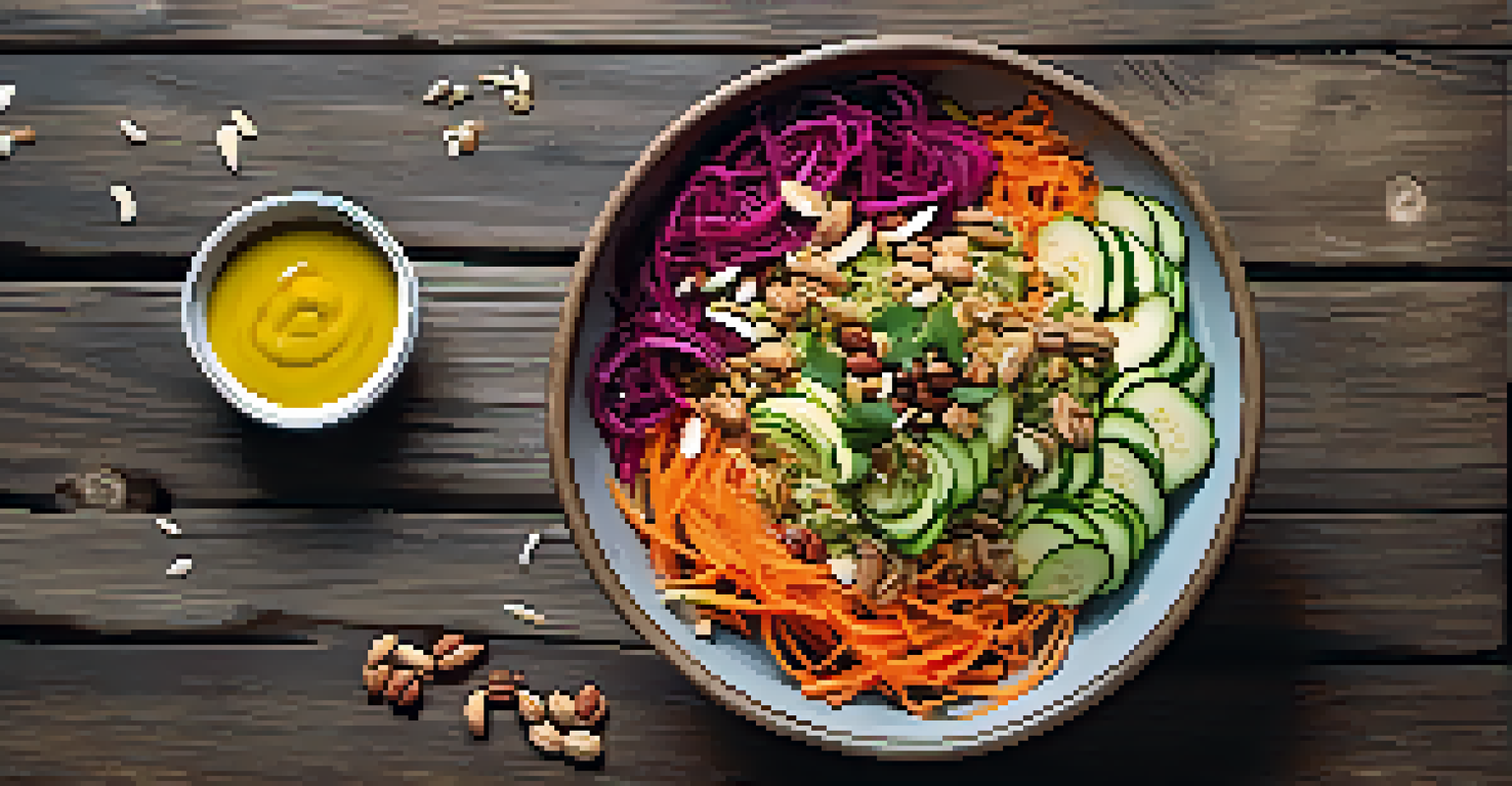 An overhead view of a colorful salad with spiralized vegetables in a bowl, surrounded by jars of dressings on a wooden table, illuminated by natural light.