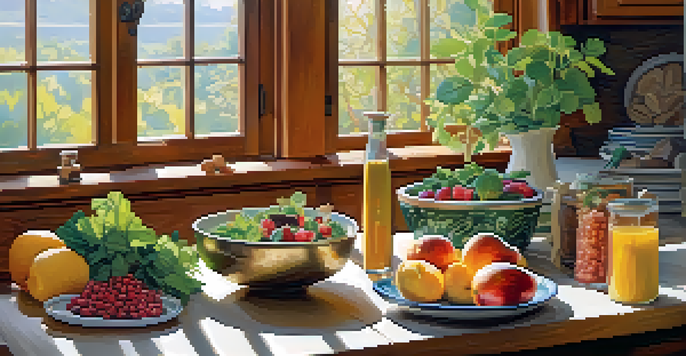 A kitchen table filled with fresh raw fruits, vegetables, nuts, and a bowl of Rhodiola powder, illuminated by sunlight.