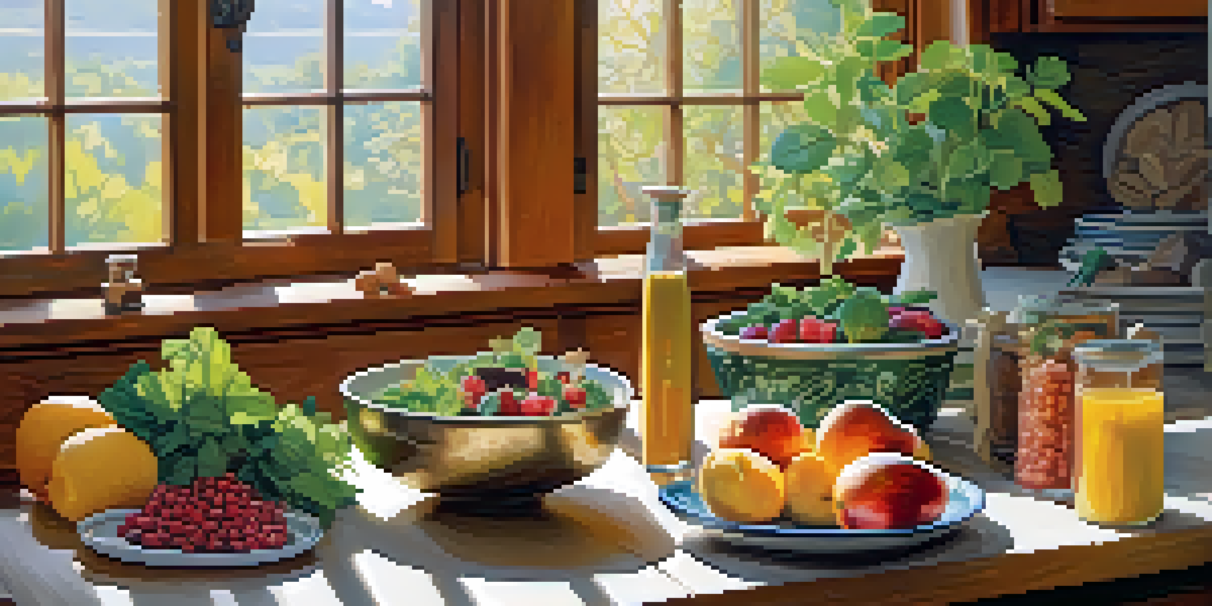 A kitchen table filled with fresh raw fruits, vegetables, nuts, and a bowl of Rhodiola powder, illuminated by sunlight.