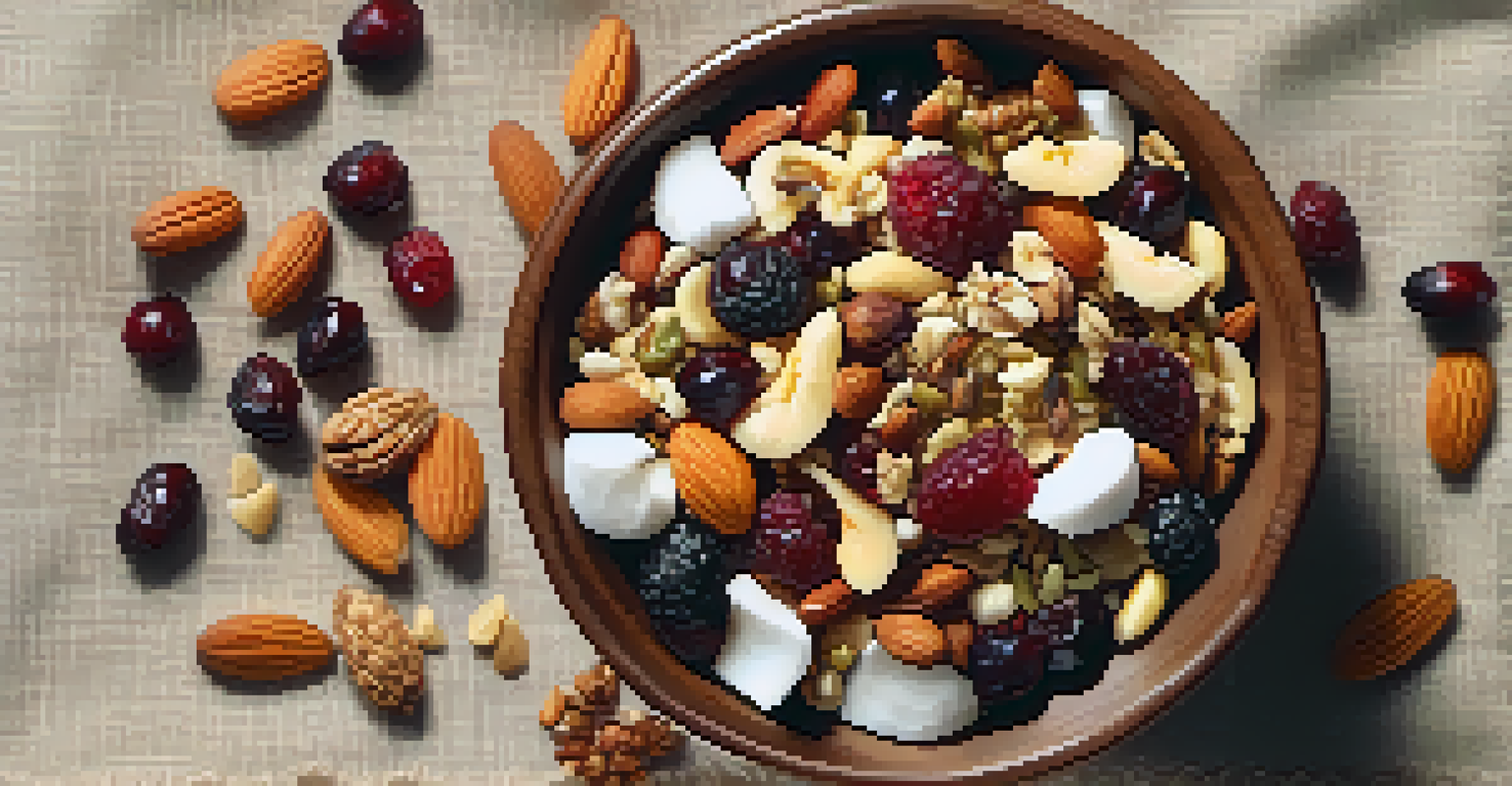 An overhead view of a bowl filled with colorful fruit and nut trail mix on a linen napkin.