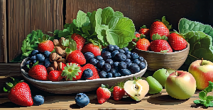 A colorful display of raw fruits, vegetables, and nuts on a wooden table, illuminated by sunlight.