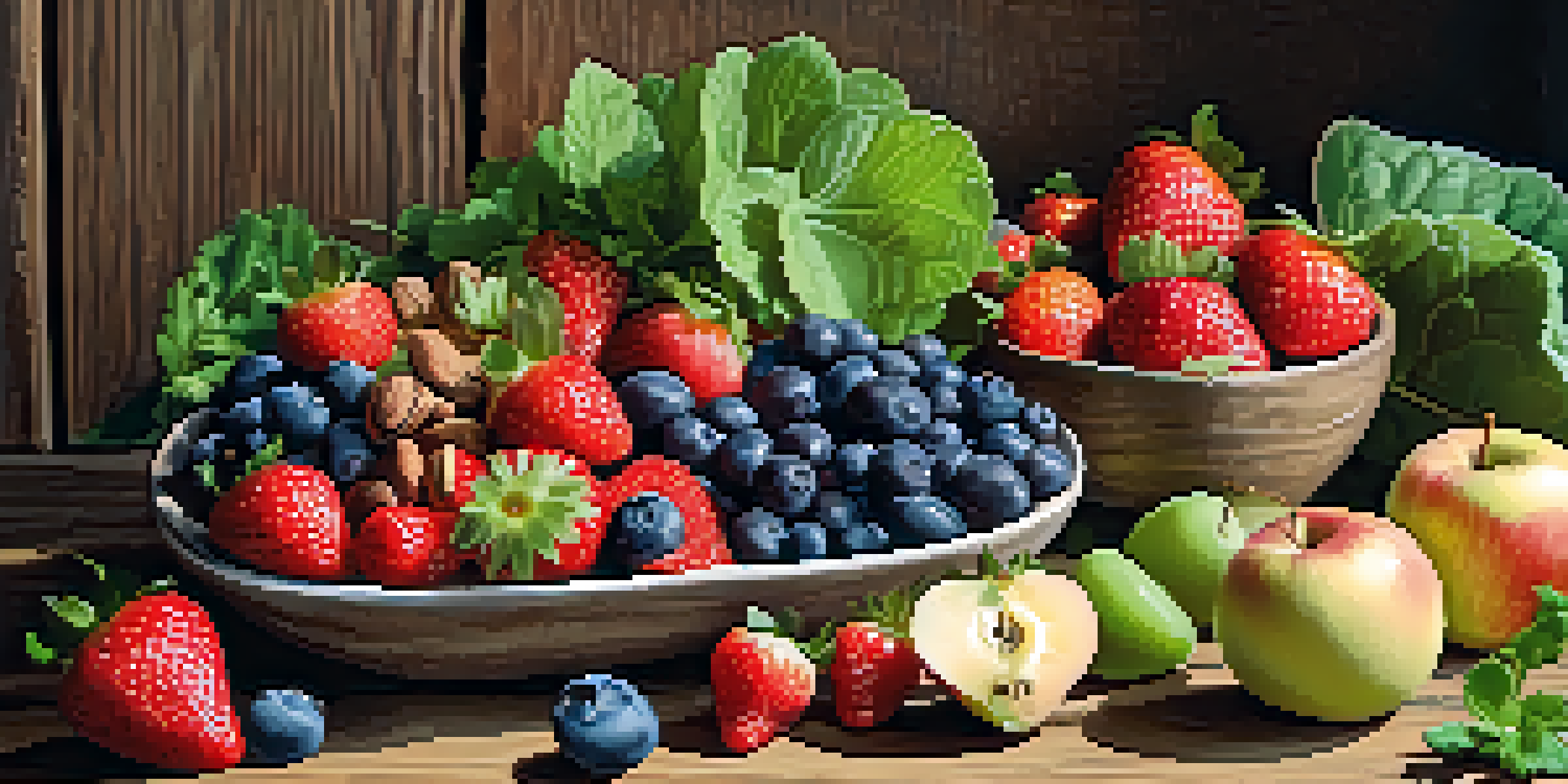 A colorful display of raw fruits, vegetables, and nuts on a wooden table, illuminated by sunlight.
