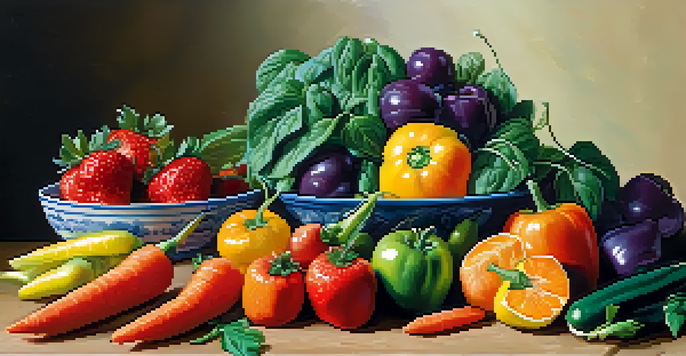 A colorful assortment of fresh fruits and vegetables arranged on a wooden table, illuminated by natural light.