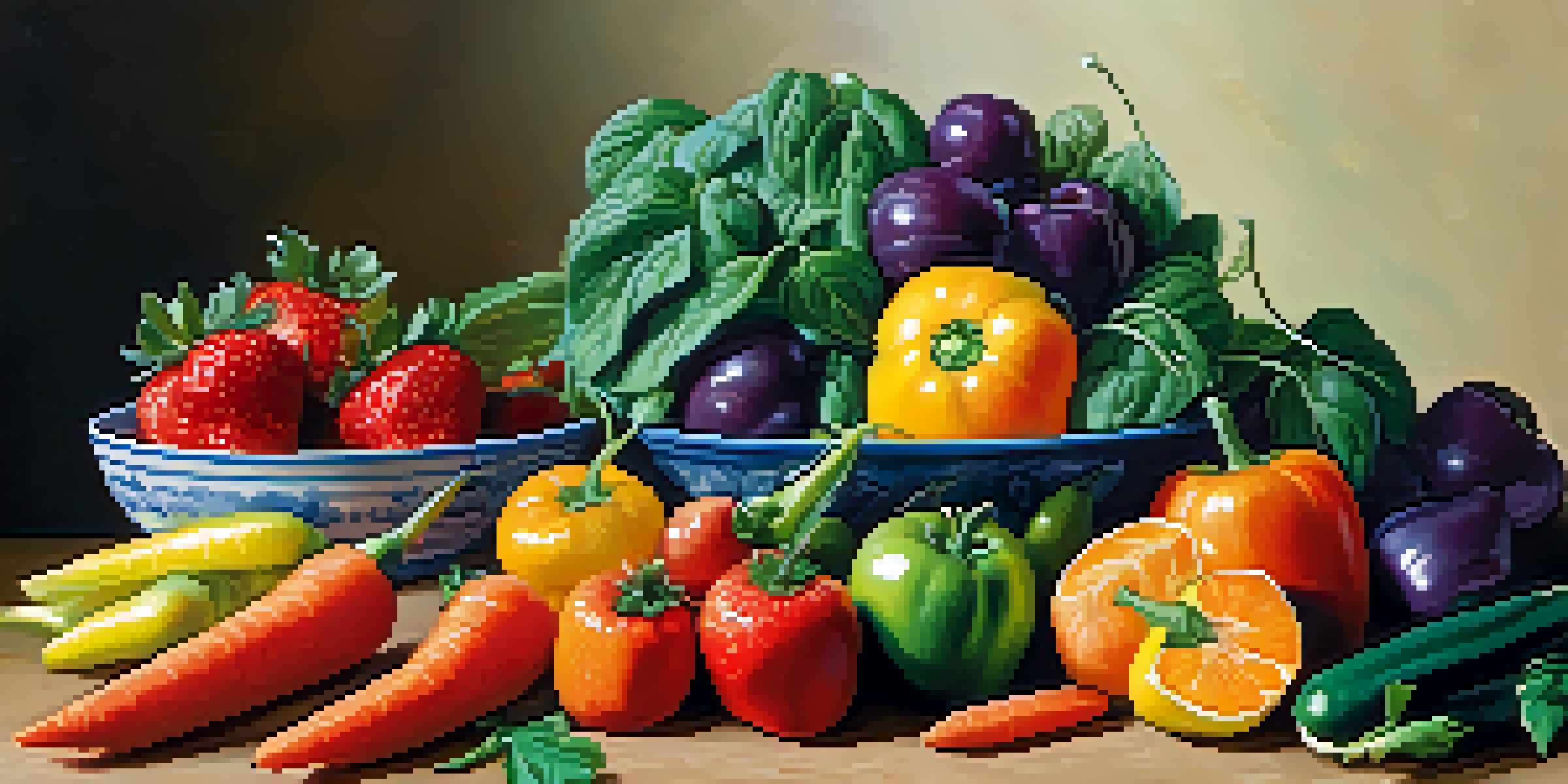 A colorful assortment of fresh fruits and vegetables arranged on a wooden table, illuminated by natural light.
