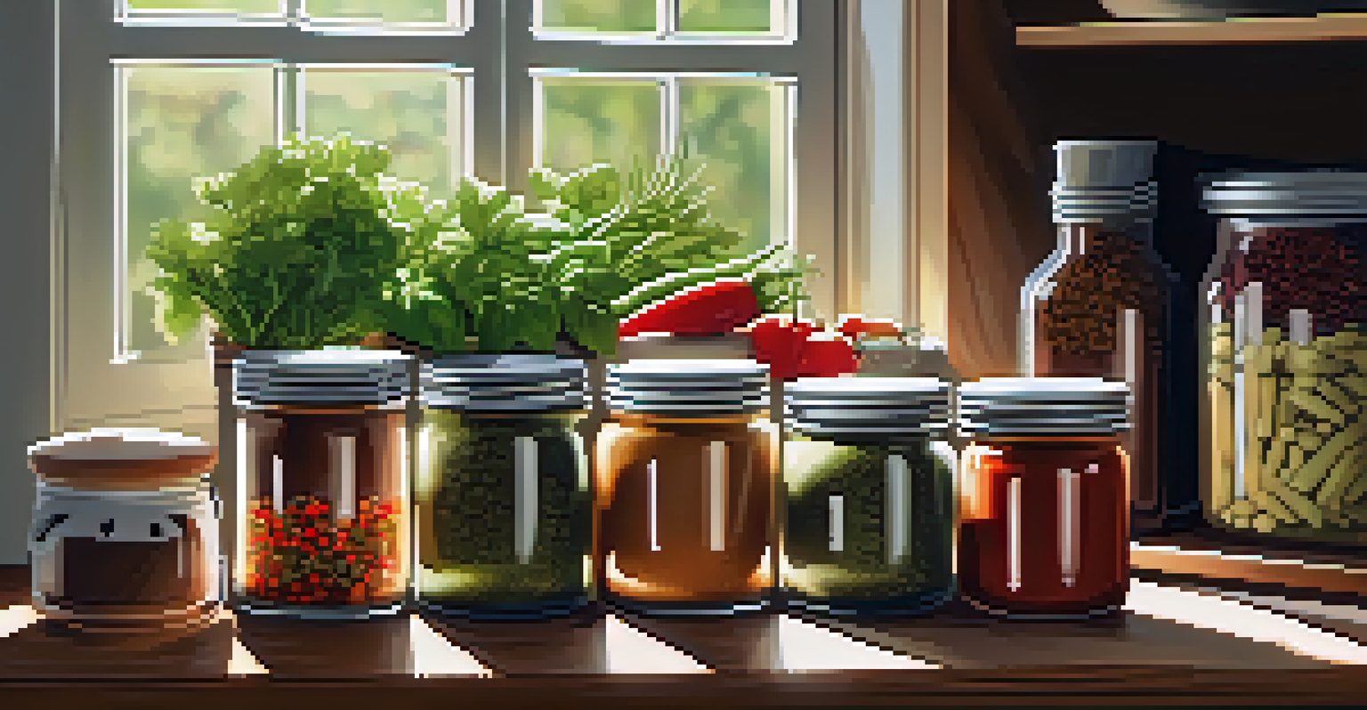 A warm kitchen interior showcasing jars of organic spices and condiments on a wooden shelf, with fresh herbs and vegetables on a cutting board in the foreground.