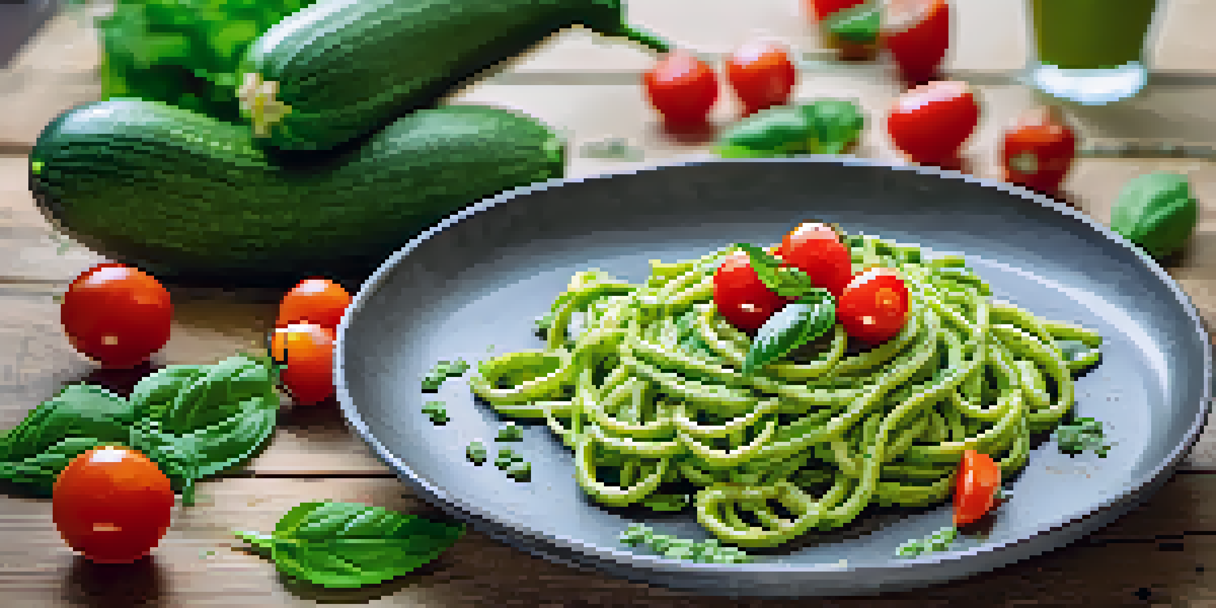 A plate of zucchini noodles with avocado pesto and cherry tomatoes on a wooden table.