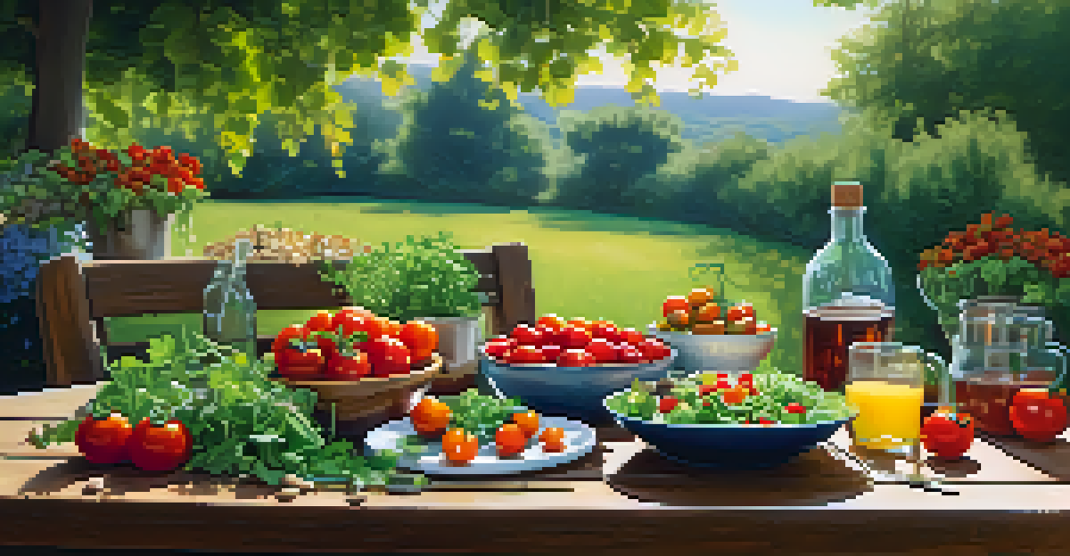 A colorful raw food salad on a picnic table in a lush garden, surrounded by fresh herbs and flowers, illuminated by warm golden light.