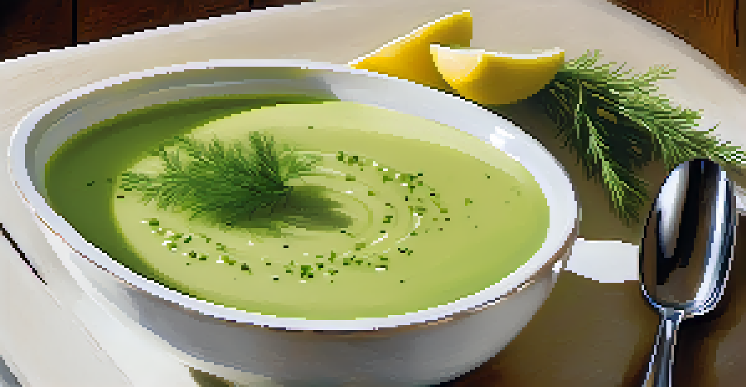 A deep white bowl of chilled cucumber and avocado soup garnished with dill and lemon zest, set on a rustic wooden table.