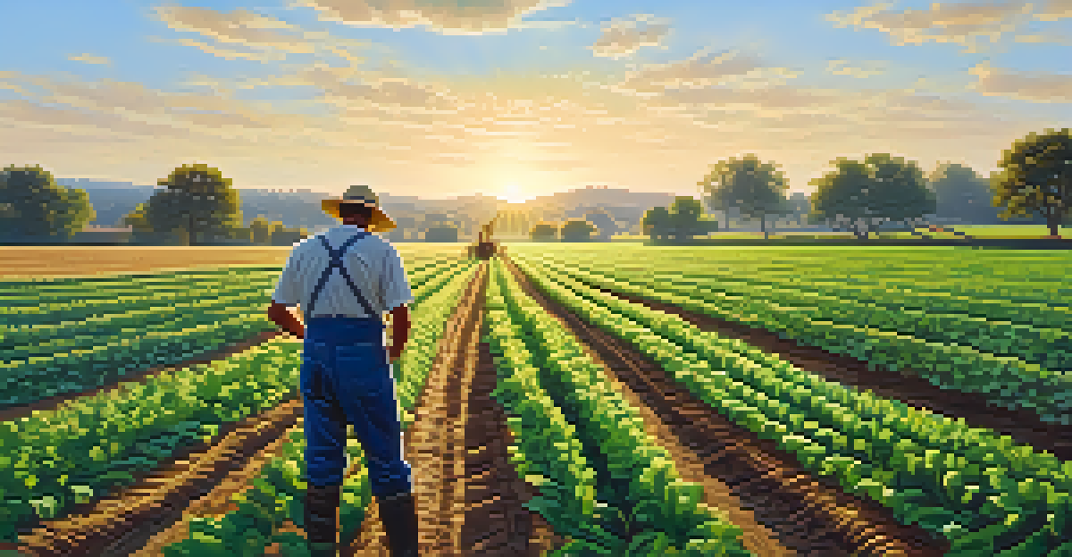 A peaceful sustainable farm with rows of organic crops, a farmer tending to the plants under a clear blue sky amidst lush greenery.