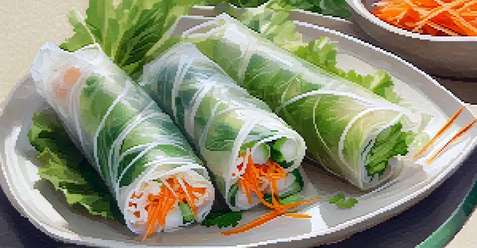 A plate of Vietnamese spring rolls with colorful vegetables and a bowl of nut sauce in a garden setting.