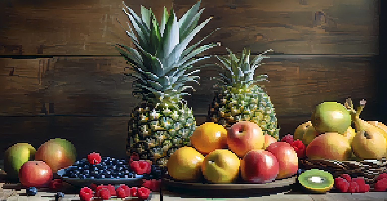 An artistic arrangement of raw fruits like pineapples and papayas on a rustic wooden table, showcasing their vibrant colors and textures.