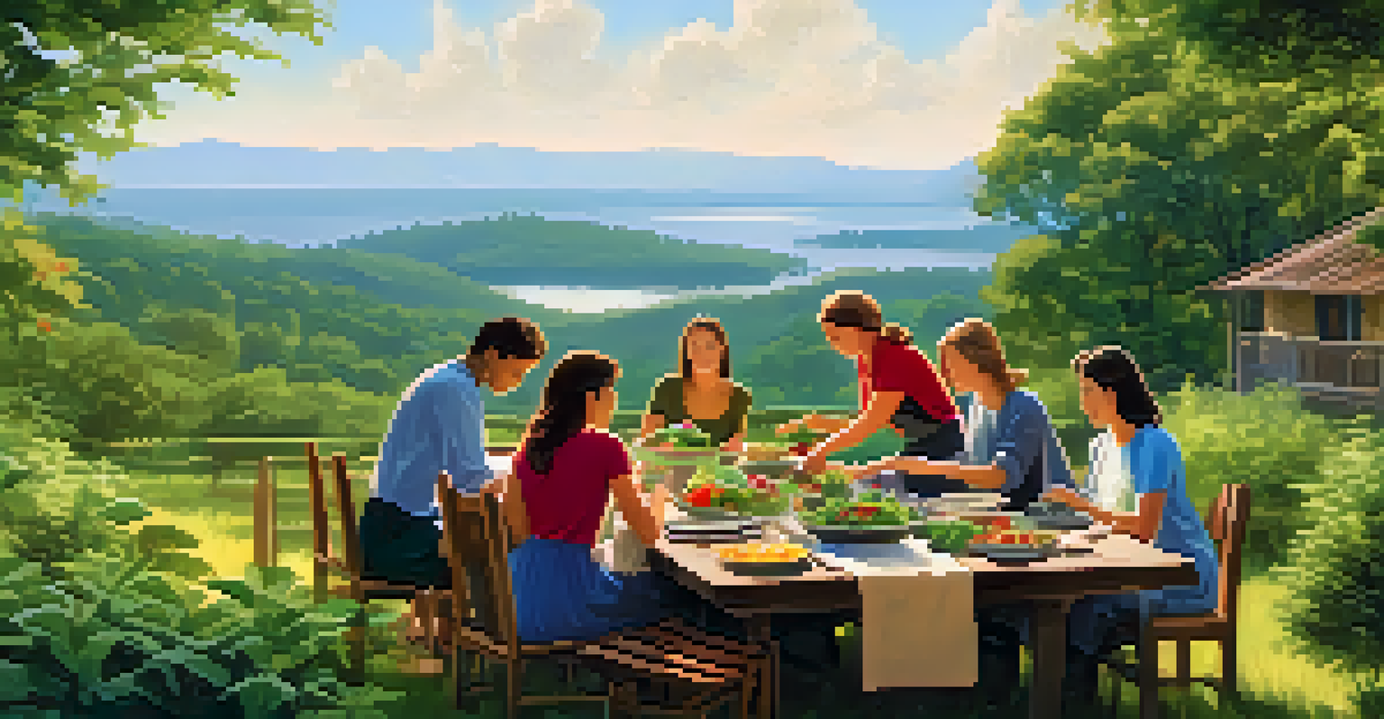 An outdoor retreat with participants preparing and enjoying colorful raw food surrounded by nature.